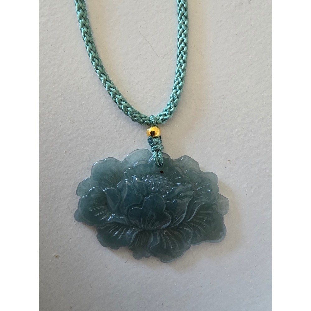 Vintage Carved Jade Peony Flower Pendant Necklace Celadon Green Braided Cord